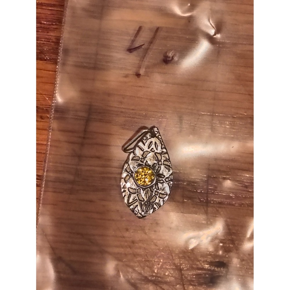 Silver Floral Lattice Teardrop Pendant Charm Yellow Rhinestone Center Stone